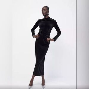 Zara black draped velvet dress NWT